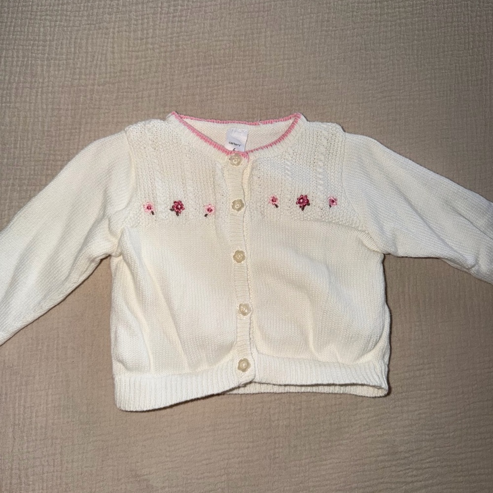 Carter's Cream Knit Cardigan with Pink Trim
